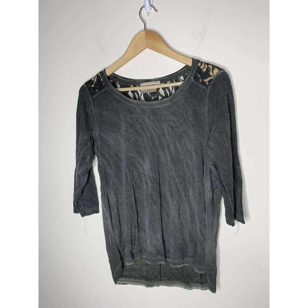 Dantelle Womens Size Large Blouse Oil Dye Lace Back Yoke Tee 3/4 Sleeve Green